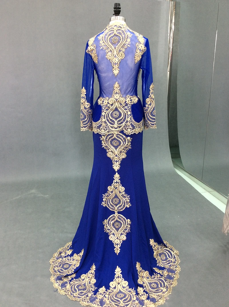 Royal Blue Muslim Mermaid Evening Dresses 2020 Long Sleeves Gold Embroidery Beaded Crystals With Cape Long Formal Evening Gown