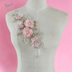 Pink flower Craft embellishment Garment motif Design Embroidery Neckline Lace Collar DIY Sewing Trim applique fabric Accessories