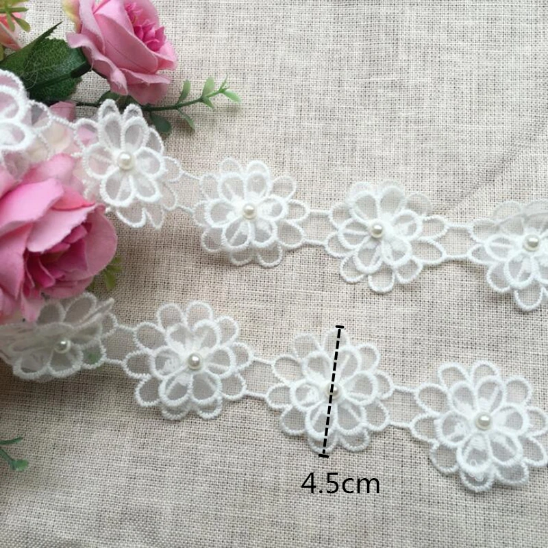 White Pearl Flower Handmade Beaded Embroidered Lace Edge Trim Ribbon Double Layered Applique Dress DIY Sewing Craft