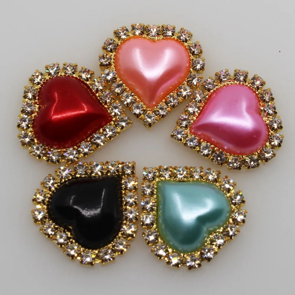 New 10pc 21*23mm Gold Base Pearl Buttons Rhinestone Heart Metal Wedding Invitations Decorate DIY Hair Flower Center Scrapbooking