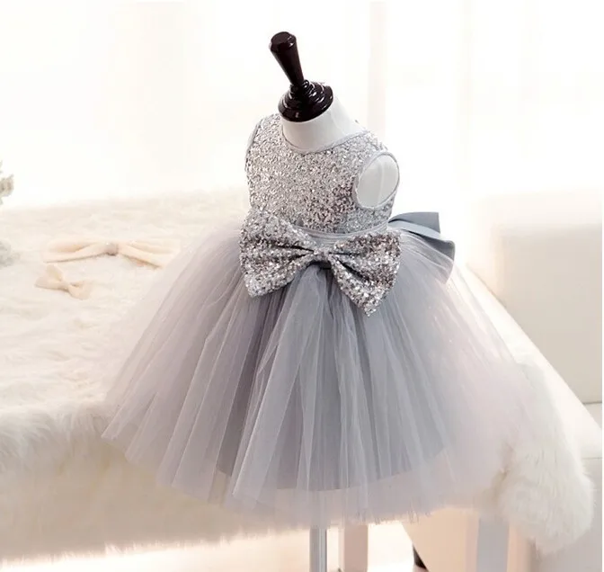 Sweet Baby Girl Dress Silver Sequin Princess Big Bow Sleeveless Infant Summer Dress Toddler Birthday Party Baptism Dress