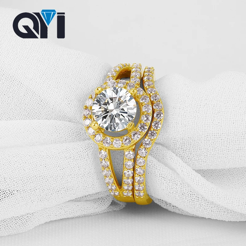 

QYI 14k Solid Yellow Gold Halo Ring Sets 1 Carat Round Moissanite Women Wedding Band Engagement Customized Ring