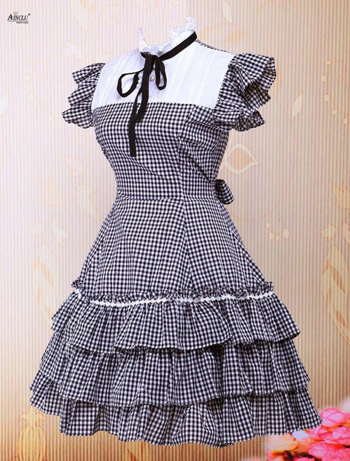 Womens Classic Lolita Dress Cotton Black&White Checked Short Sleeves Lolita Party Dress Ainclu XS-XXL Femlae