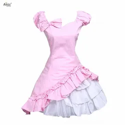 Ainclu Women Pink Lolita Dress Classic Short Sleeves Bow Ruffle Sweet Lolita Dresses Cosplay Clothes XS-XXL