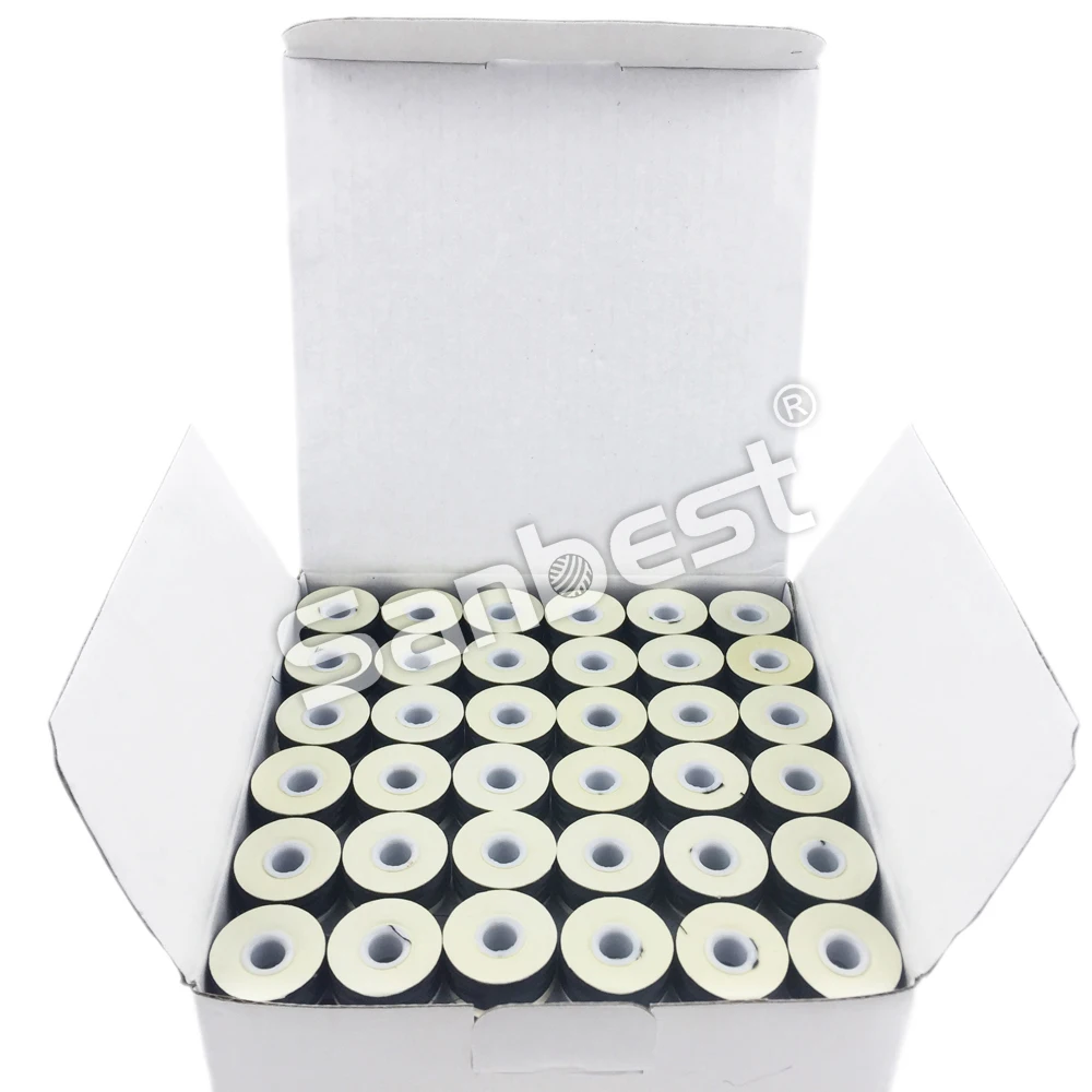 Sanbest Prewound Bobbins Threads 70D/2 High Tenacity Polyester 75D/2 Size L 144pcs/Box White Black Machine Bobbin Thread TH00017