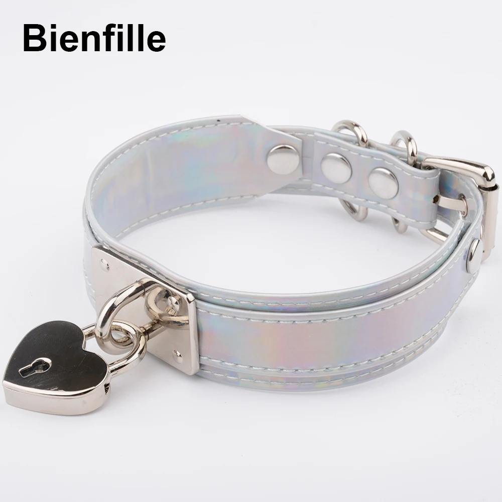 Cool Women Harajuku Lolita Holographic Necklace Punk Heart Collar Laser Leather Choker With Lockable key Collar Punk Men