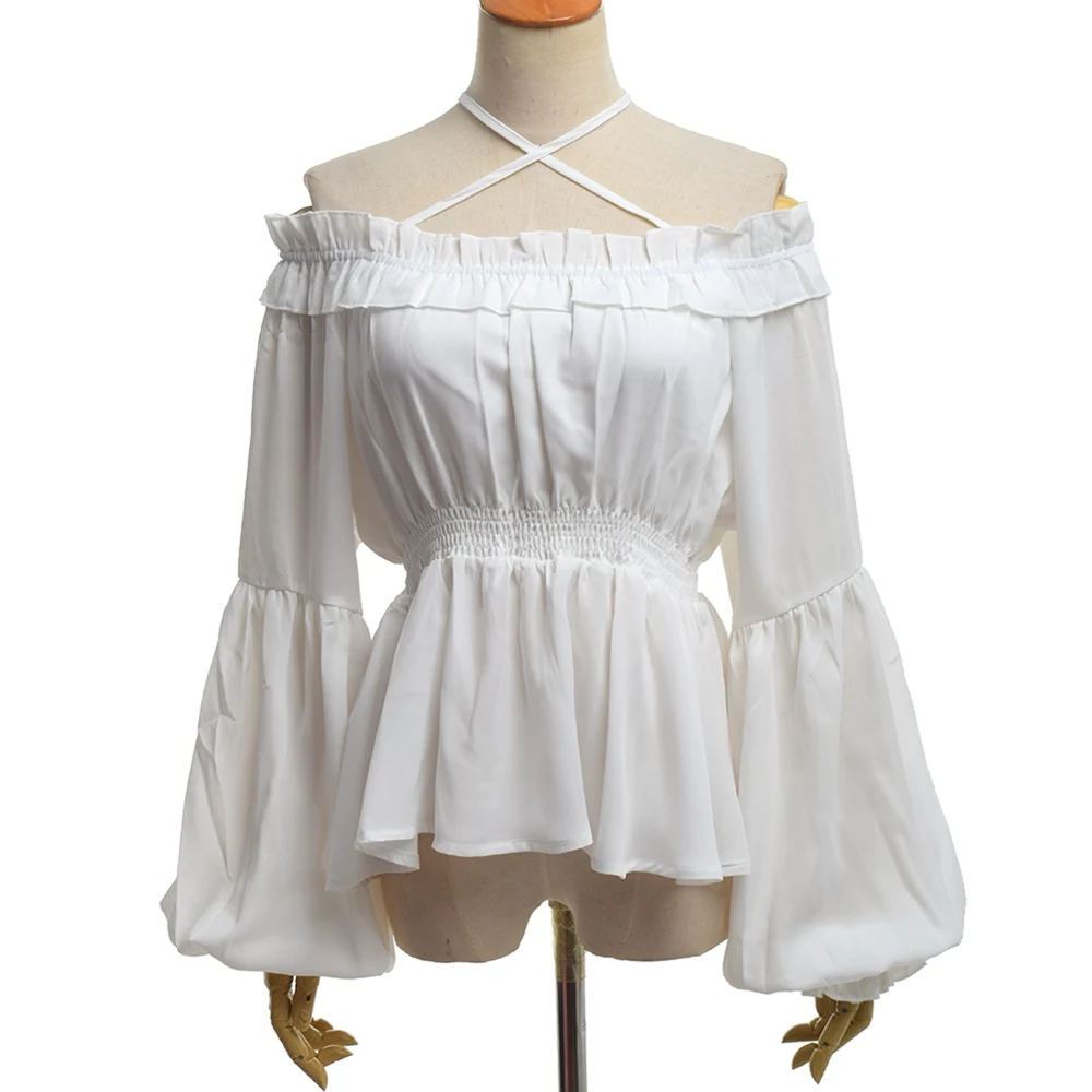 Sex Women Lolita Blouse High Waist Long Sleeve Halter Neck Shoulder Off Flounce Chiffon Shirt