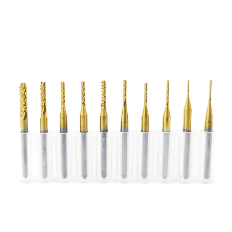 Fraise en bout de maïs, revêtement en étain de 3.175mm, PCB bits de fraisage pour PVC PCB CNC routeur bits 0.8mm à 3.0mm 10 pièces/lot