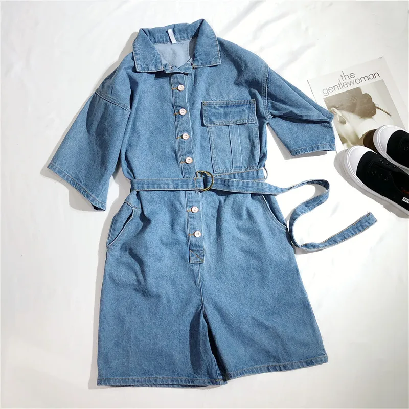 Kobiety dorywczo lato Denim Romper wysokiej talii dżinsy ogólnie rzecz biorąc BF szerokie nogawki swetry klapy kieszeni spodenki kombinezon Playsuit body