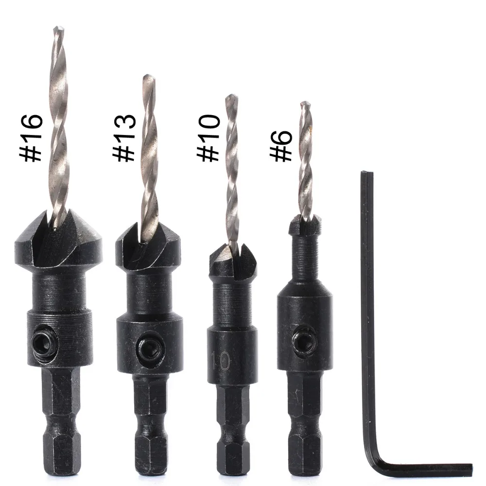 4pcs Woodworkers Countersink Drill Bit Set W/ Quick Change 1/4 Hex Shaft Tapered Wood Drill Countersinks Size #6 #10 #13 #16