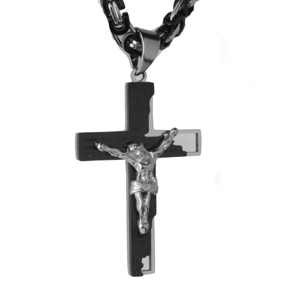 New Arrival Jesus Cross Crystal Pendant Necklace Link Byzantine Silver Black Color Stainless Steel Men Jewelry Collier 18-30\