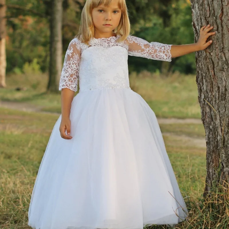 

Flower Girl Dresses Birthday Lace Applique Half Sleeve Dress Elegant Princess Girls First Holy Communion Party Dresses