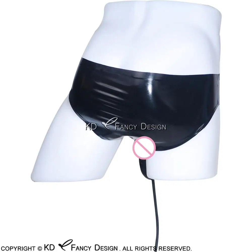 Black Latex Briefs With Penis Sheath Condom And Piss Tube Rubber Underwear Shorts Bottom DK-0033