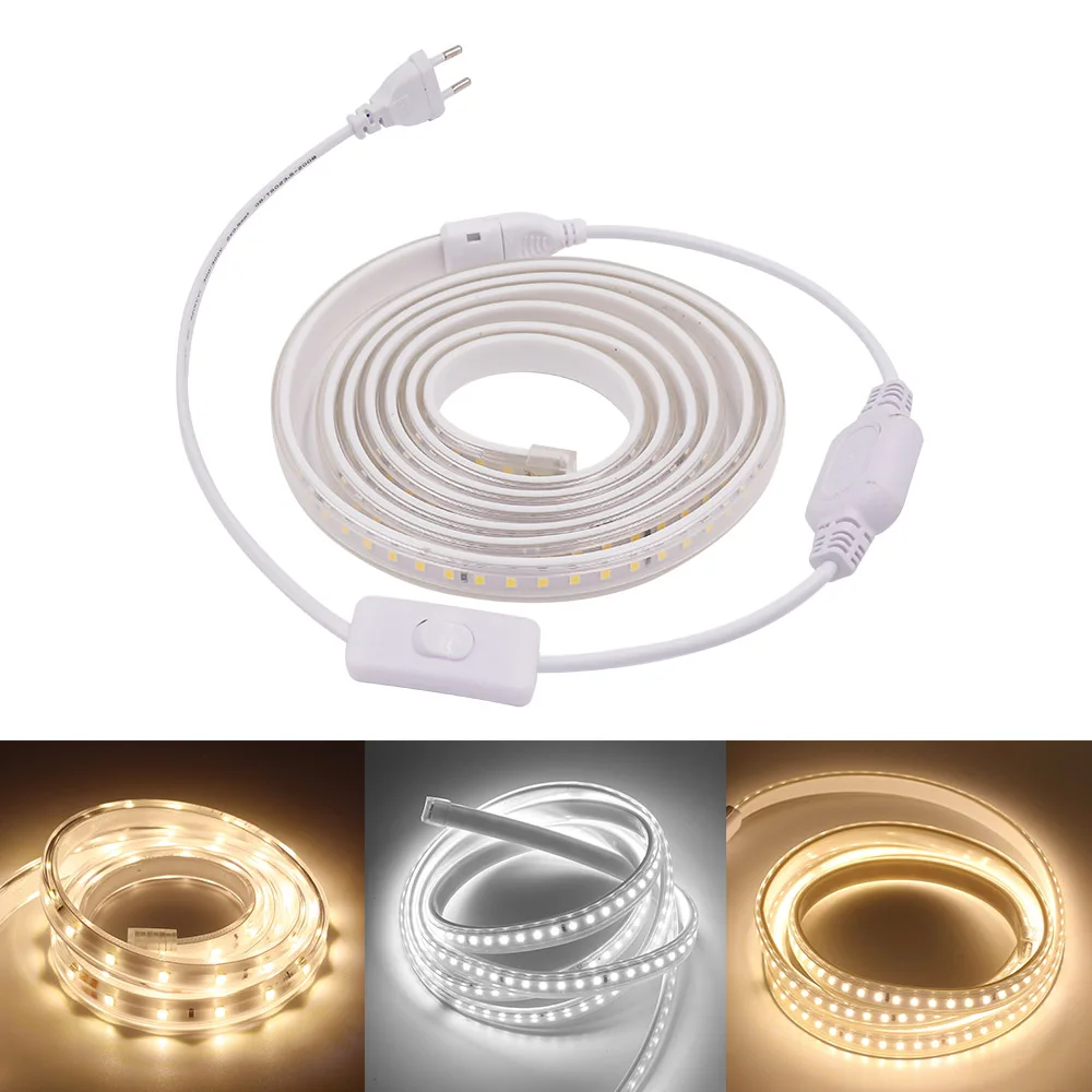 220V LED Strip 2835 High Safety High Brightness 8W/m 16W/m Flexible LED Light Outdoor Waterproof LED Strip Light on/off Switch