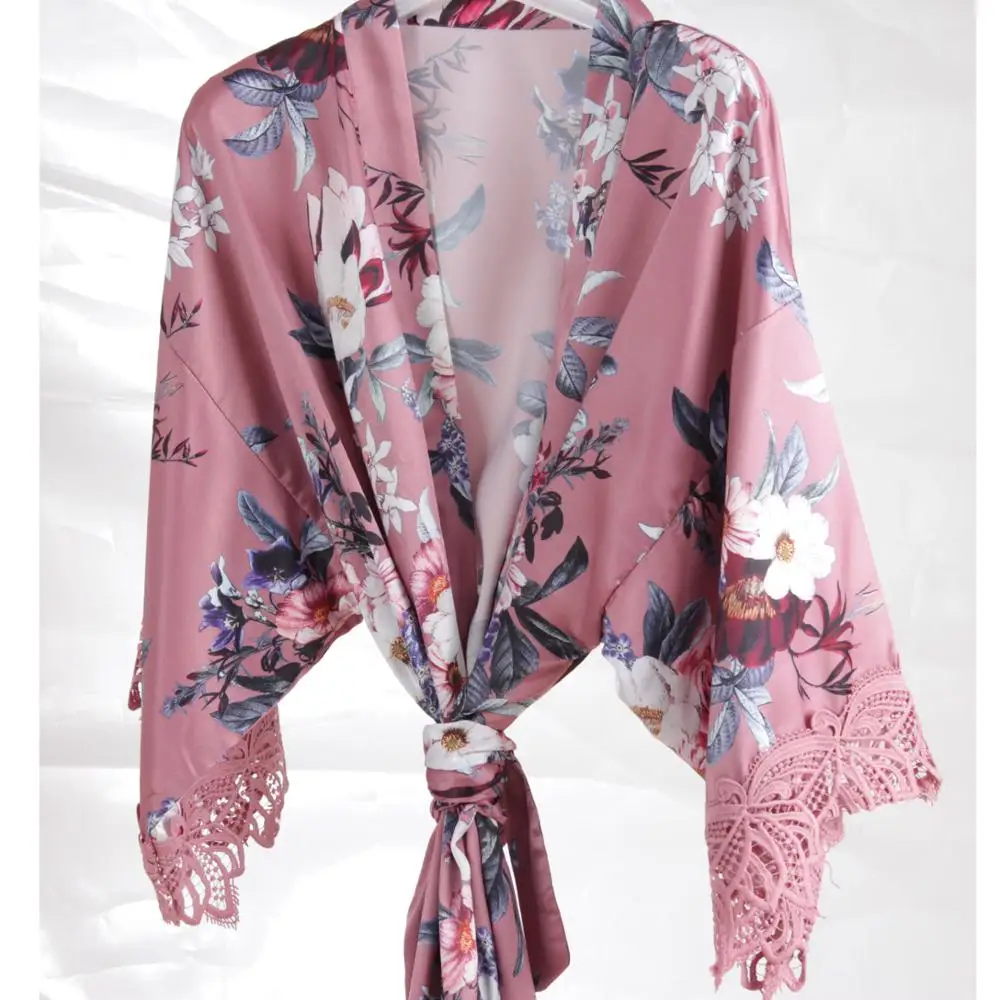 Bata Kimono de satén de seda para mujer, encaje floral, novia, A236D