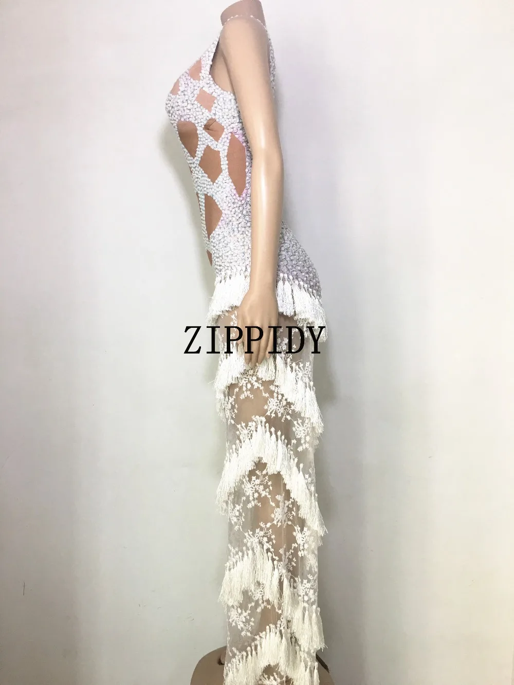 Glisten Rhinestones White Tassel Nude Jumpsuit Stretch Lace Loose Leggings Women's Prom Party Sexy Wear Nightclub Show Bodysuit