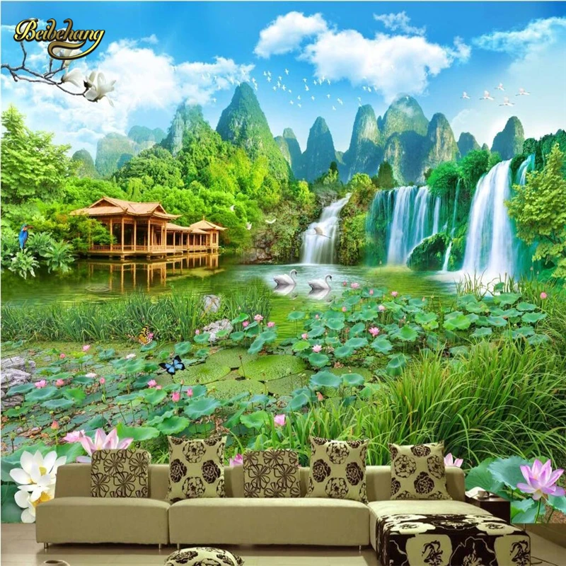 

beibehang Lotus waterfall landscape painting Custom papel de parede Photo Wallpaper for Living Room Wall Mural Decor Wall paper