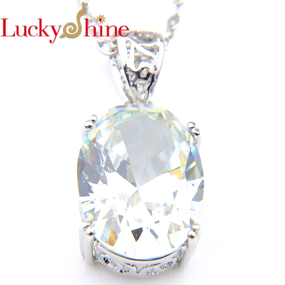 Luckyshine Oval White Crystal Cubic Zirconia Silver Wedding Dangle Pendant Russia USA Australia Pendant With Chain 10*12mm