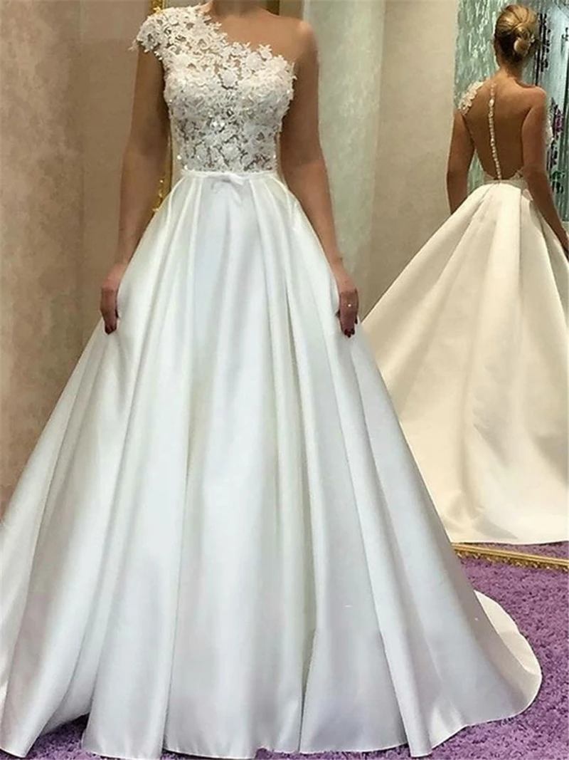 Personalizado novo botão rendas apliques boné mangas vestido de casamento 2025 vestido de noiva vintage uma linha arco faixa vestidos de novia