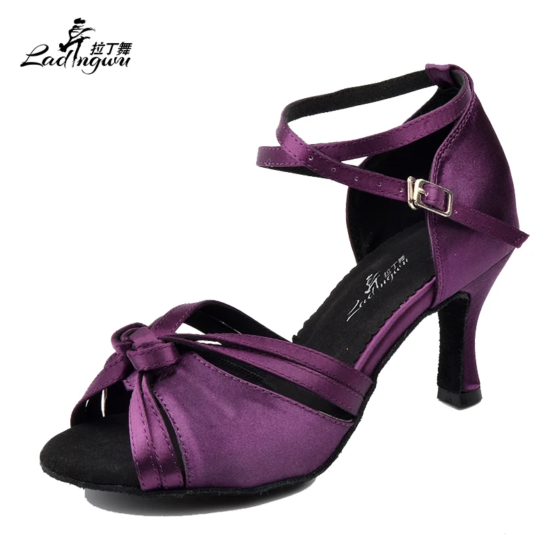 Ladingwu-zapatos de baile latino con nudo de cinta morada para mujer, zapatos de baile de salón de fondo suave, satén