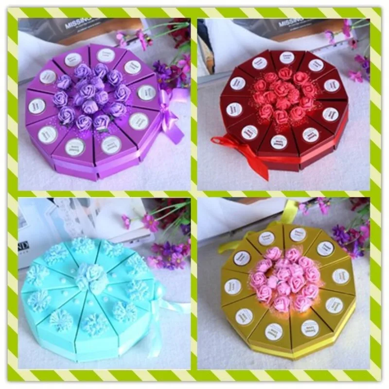 

Cake Shaped Wedding Favor Candy Box Matte Paper Gift Bag With Artificial PE Rose Silk Flower For Wedding Party Supplies
