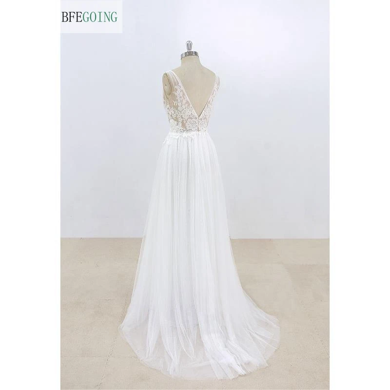 Appliques di pizzo di Tulle bianco scollo a v lunghezza del pavimento abiti da sposa a trapezio Sweep /Brush Train abito da sposa su misura