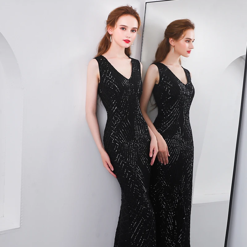 weiyin Luxury Long Evening Dress Black Sequin Mermaid Evening Gown Deep V Formal Prom Dresses Robe De Soiree WY958