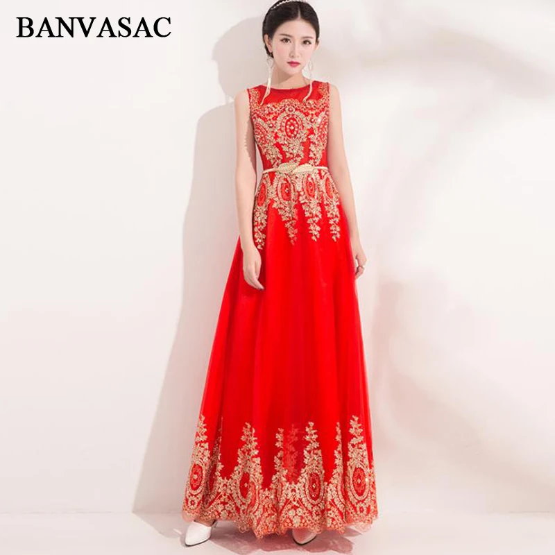 BANVASAC Crystal O Neck Sequined Leaf Sash A Line Long Evening Dresses Vintage Lace Embroidery Party Prom Gowns