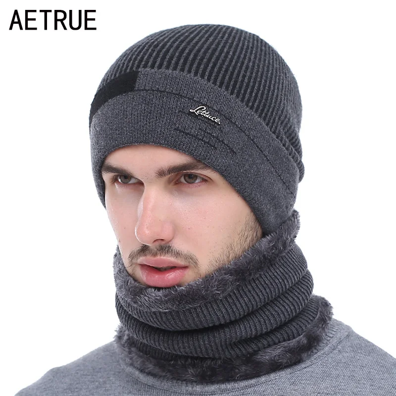 AETRUE Skullies Beanies Men Scarf Knitted Hat Cap Male Plus Gorras Bonnet Warm Wool Thick Winter Hats For Men Women Beanie Hat