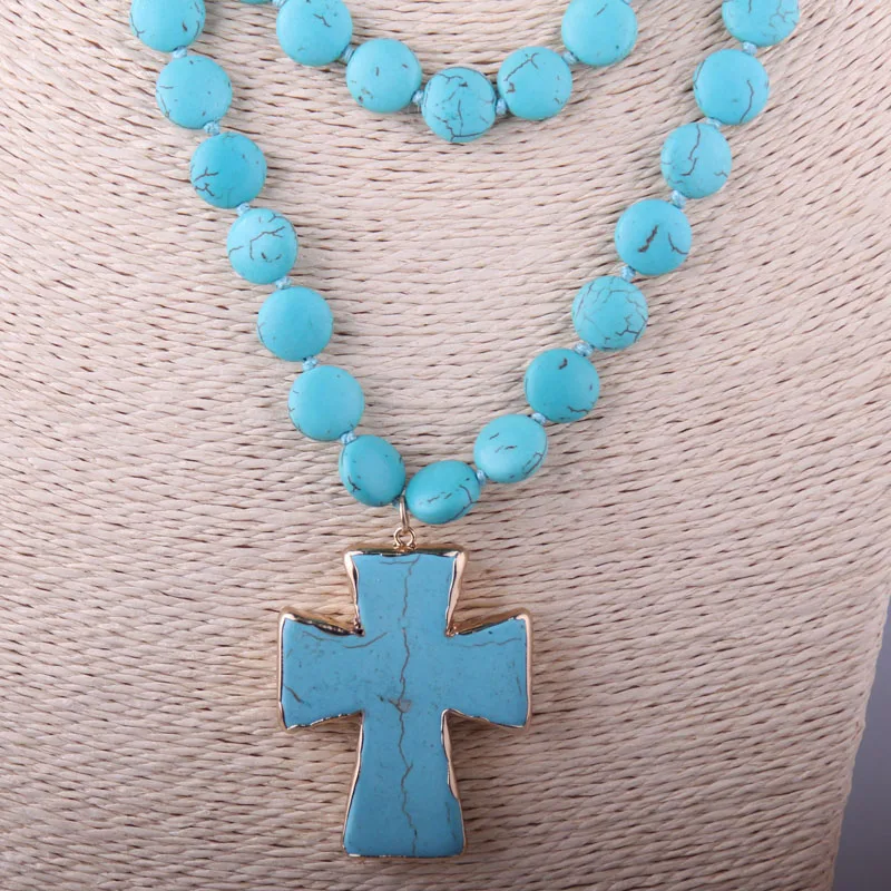 Fashion Bohemian Tribal Artisan Jewelry Flat TurquoiseStone Knotted Cross Necklace