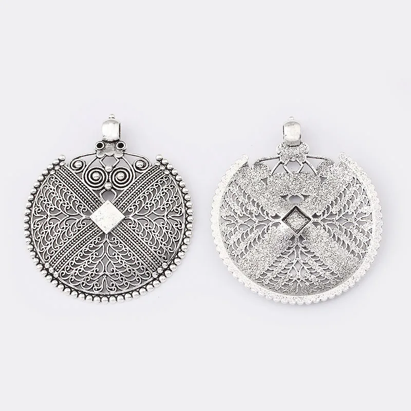 2Pcs Antique Silver Color Large Bohemian Boho Filigree Embossed Charms Pendants for Necklace Jewelry Making Findings