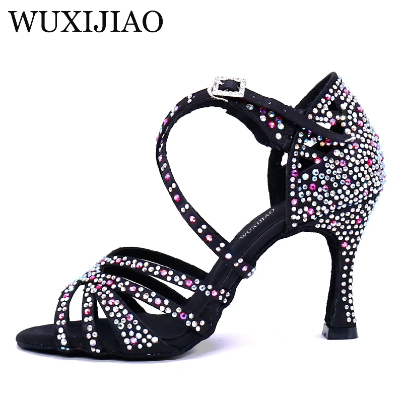 WUXIJIAO Women Salsa party Ballroom shoes Latin dance shoes big small rhinestone shining Bronze Skin Black satin  Cuba heel 9cm