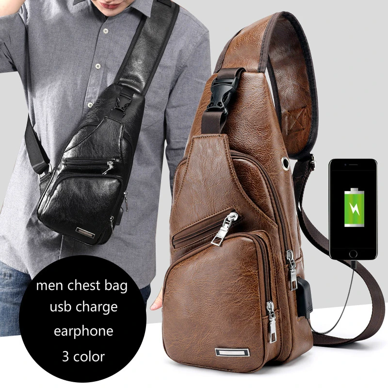 2024 New Men Back Pack Chest Pack Single Shouler Rucksack England Chest Bag Shoulder Cross Body PU Leather External USB Charger