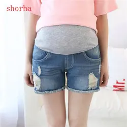 Grávida verão calças de brim curtas casuais maternidade friso shorts roupas cintura ajustável simples fina abdominal cuidados com a mulher calças