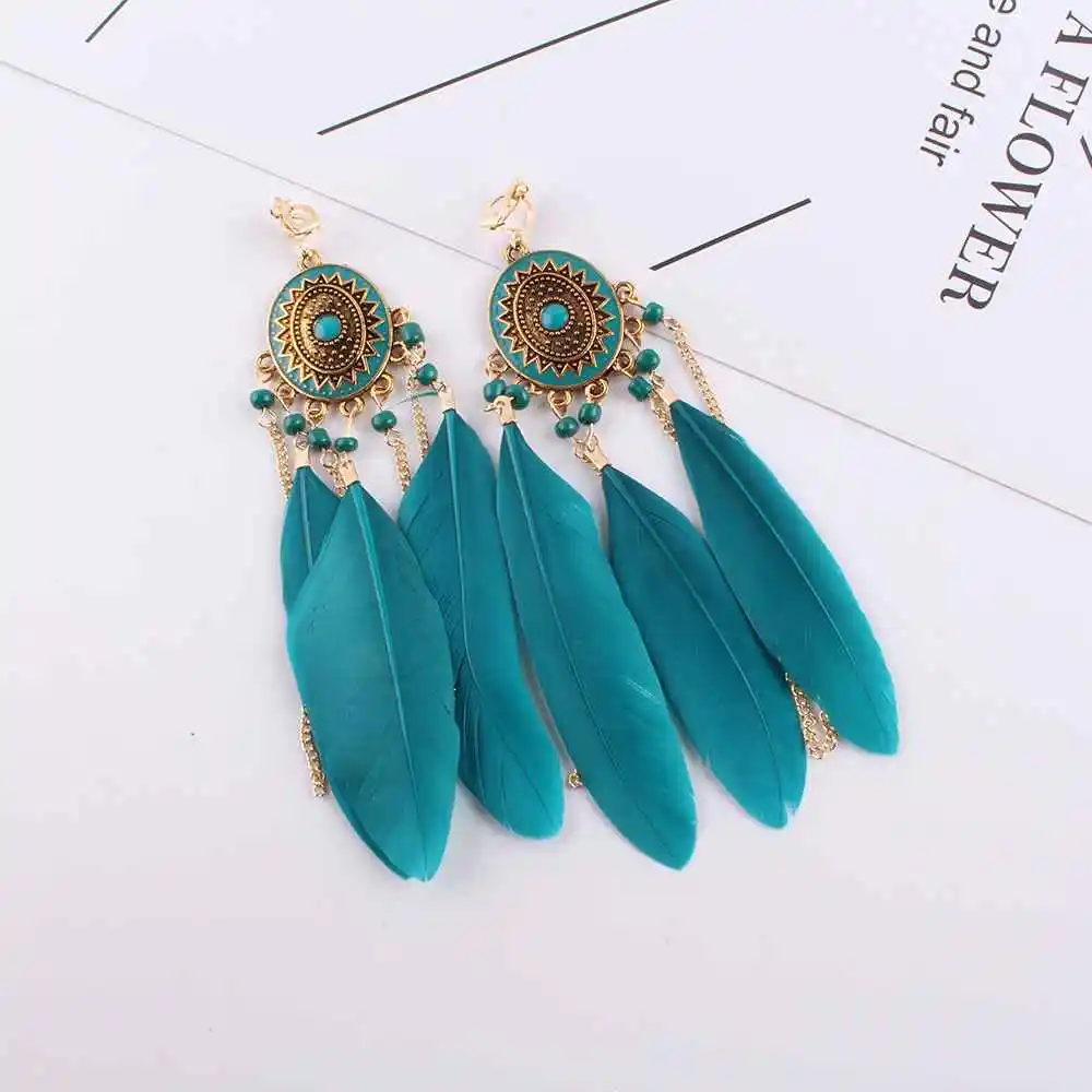 Fashion Bohemian Long Tassel Enamel Feather Clip on Earrings for Women Without Piercing Hanging Ear Clips Female Bijoux 2018