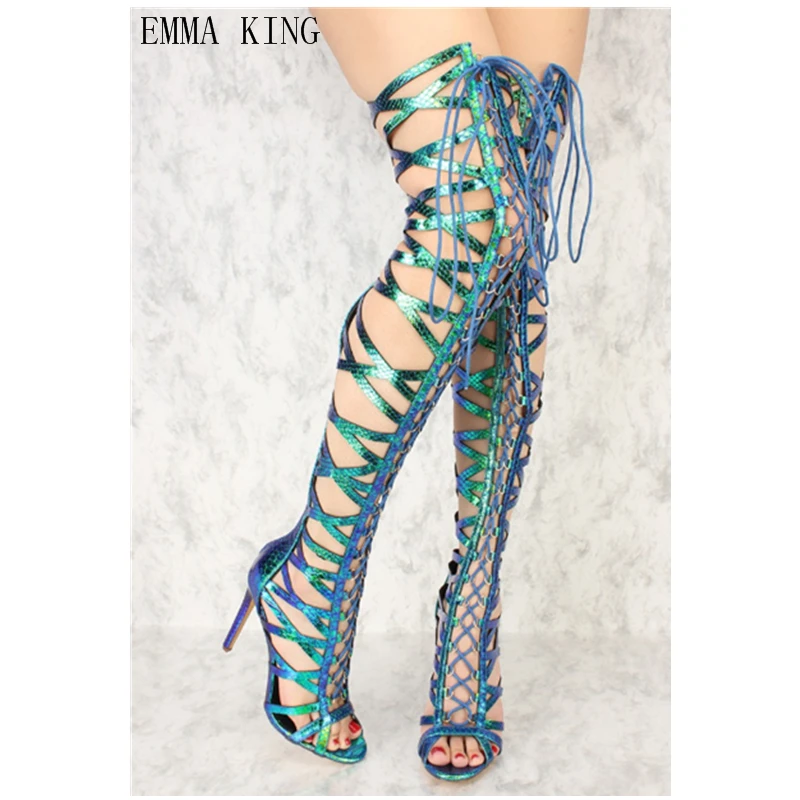 Emma King Women Summer Lace Up Thigh High Boots Stilettos Sexy Peep Toe Over The Knee Sandals Cross-tied Gladiator Party Shoes43