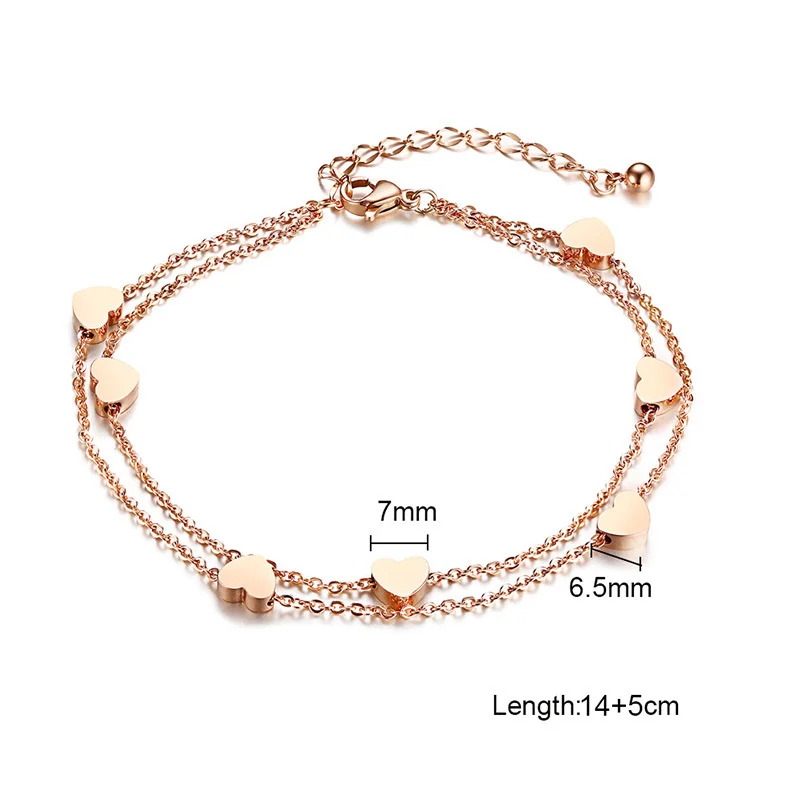 Vnox Elegant Heart Love Charm Bracelets for Women Double Chain Rose Gold Color