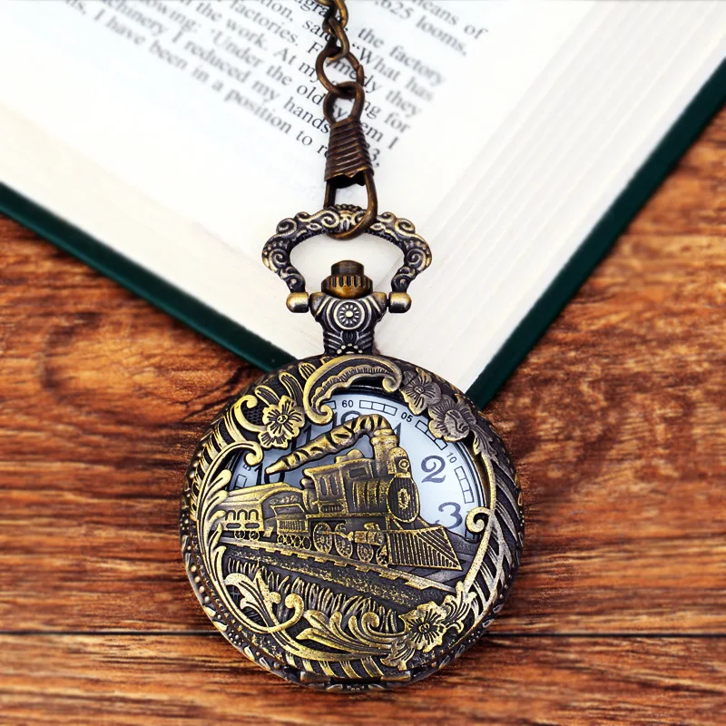 Embossed Running Steam Train Pocket Watch Chain Bronze Metal Dress Casual Men Women Fob Watch Antique Fashion