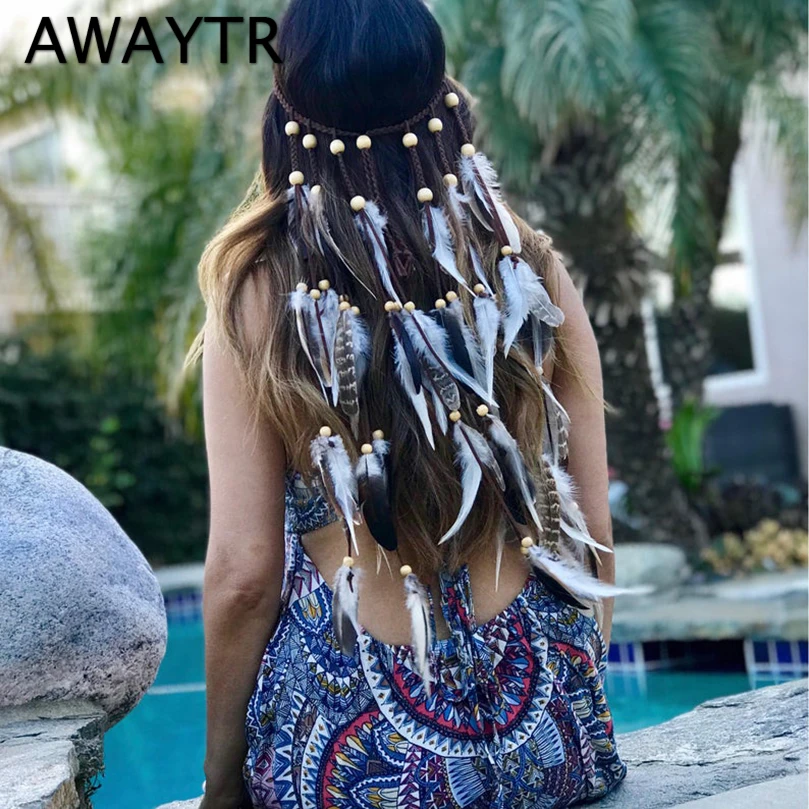 AWAYTR Fashion Boho Feather Headband for Woman Festival Hair Accessories Peacock Feather Turban Ladies Adjust Hairband