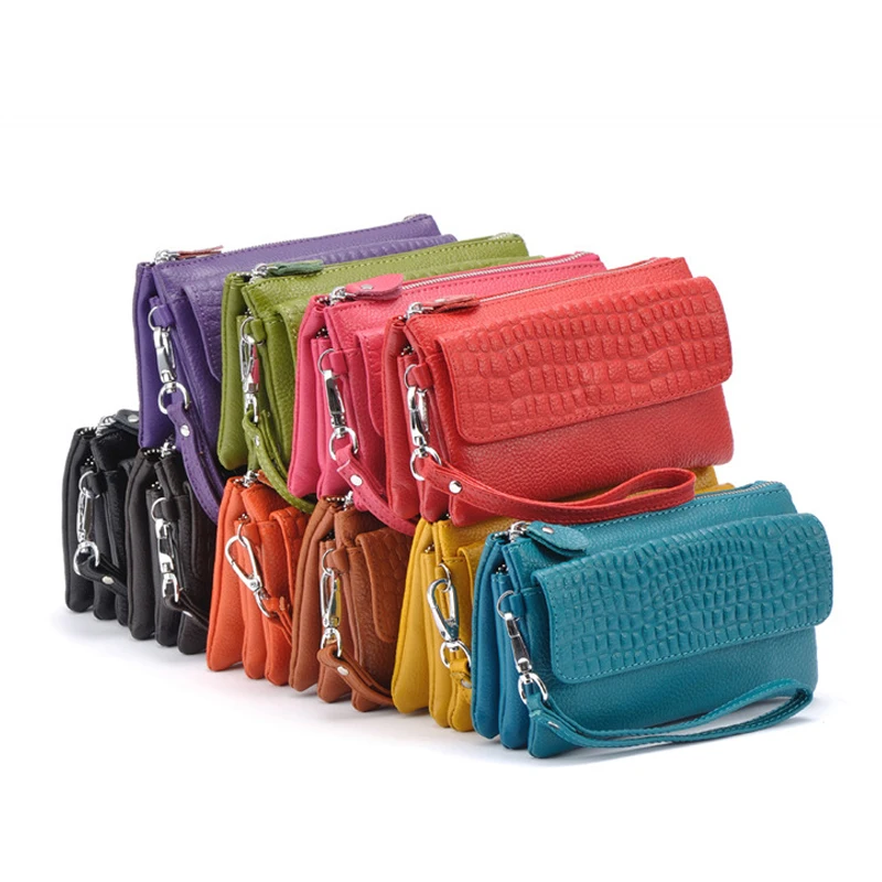 Flap Female Shoulder Bag Genuine Leather Women Handy Wallet Large Crocodile Pattern Capacity Phone Zipper Strap Crossbaody Bag