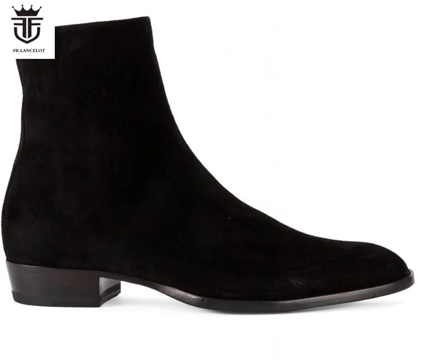 

FR.LANCELOT 2020 New suede leather men booties zip up Chelsea Boots black suede Ankle Boots Men's Fashion party shoes vintage