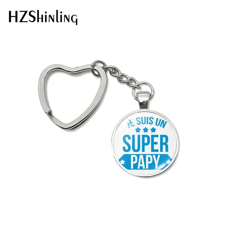 New Super Papy Heart Key Chains Holder Glass Dome Pendant Fashion Color French Word Grandpa Gifts Car Keyring Fob Jewelry