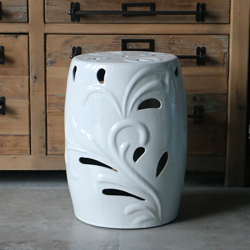 New White Hand-carved Relief porcelain Ceramic Stool