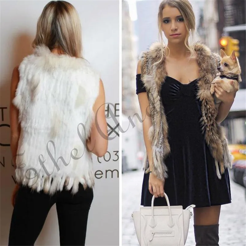 ETHEL ANDERSON สตรี Handmade ถัก Gilet ฟาร์มจริงกระต่ายขนสัตว์/Top Lady Warm Raccoon ขนสัตว์ Vtg Tassels ขายส่ง