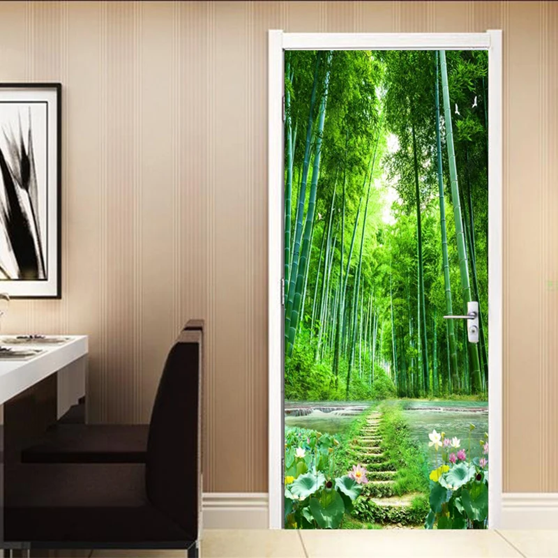 

PVC Door Sticker 3D Nature Landscape Bamboo Forest Path Wallpaper Living Room Kitchen Self-Adhesive Wall 3D Stickers Home Decor