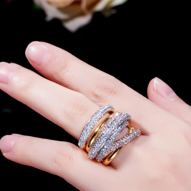 ThreeGraces Luxury Multi Rose Gold Color Dubai CZ Stone Setting Irregular Round Cocktail Party Rings for Women RG014