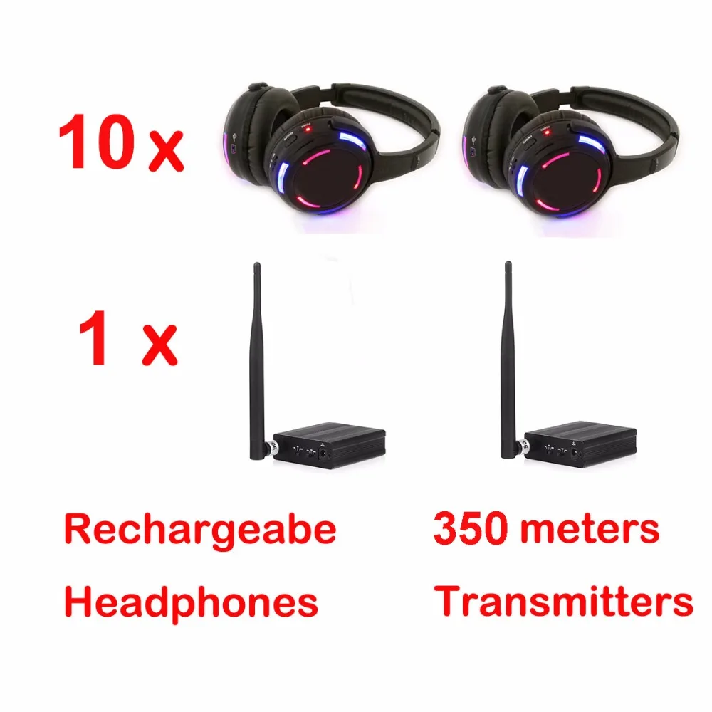 

500m Distance Professional Silent Disco 10 LED Headphones with 1 Transmitter- RF Wireless For DJ Club Party Meeting Broadcast