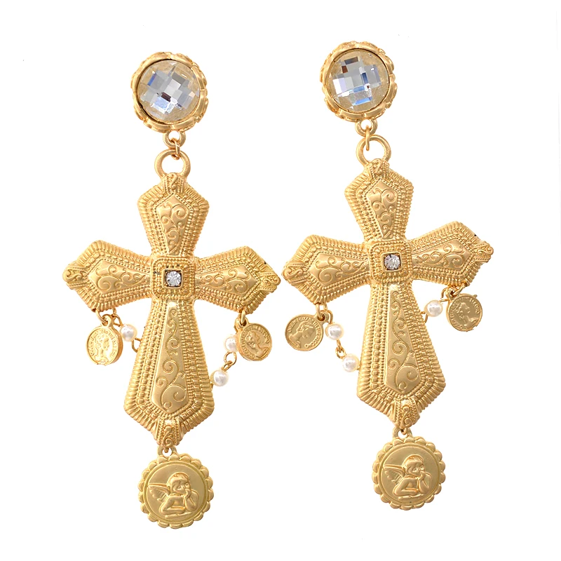 Gold Color Long Drop Big Cross Earring Vintage Pendant Dangle Earrings for Women Fashion Rhinestone Retro Jewelry