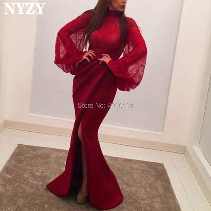 

NYZY E78 Elegant Burgundy Robe Soiree Dubai High Neck Lace Long Sleeve Arabic Evening Dress 2019 abiye gece elbisesi