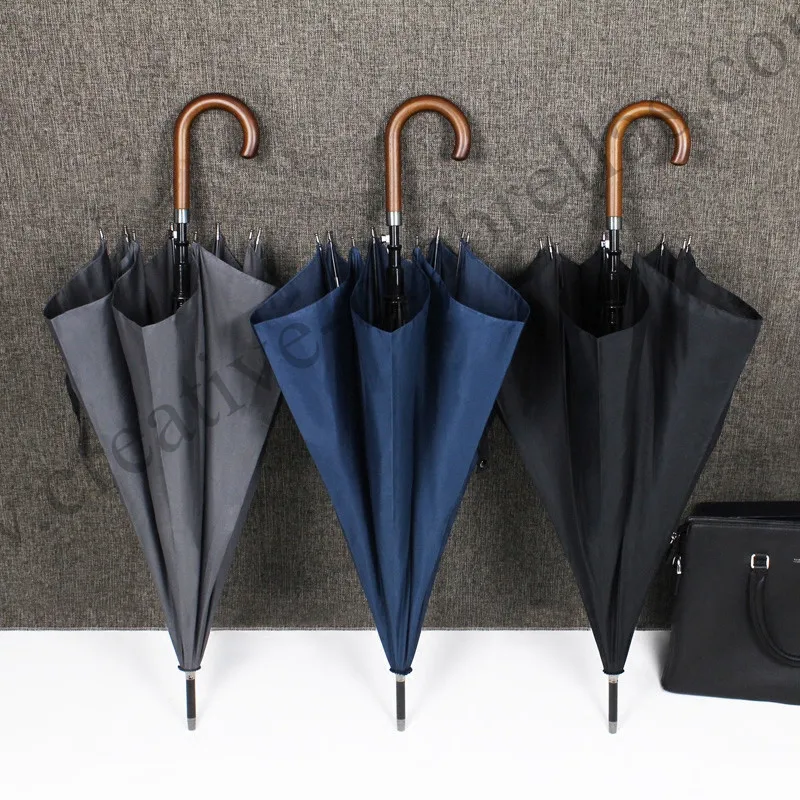 2pcs/lot Long-handle auto open 70T wooden classical business gent's umbrellas anti-thunder fiberglass outdoor commercial parasol